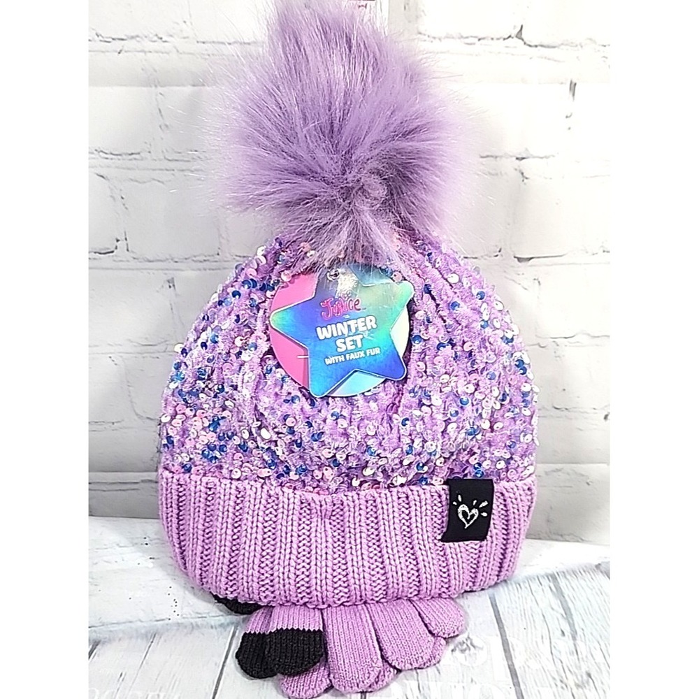 Justice Girls Purple Sequin Ribbed Beanie w/faux fur & Gloves 2-Piece Set NWT